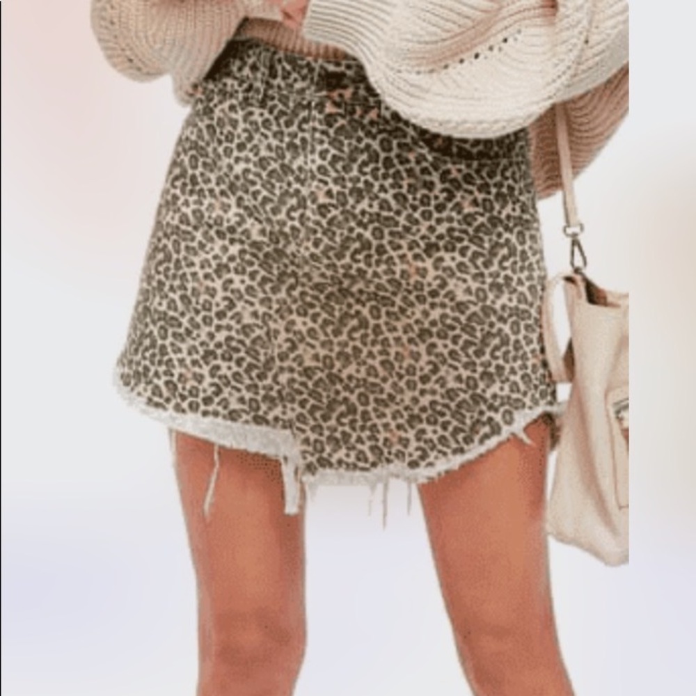 FP BAILEY LEOPARD PRINT DENIM RAW HEM SKIRT
